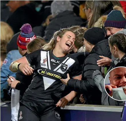  ?? GETTY IMAGES ?? Brianna Clark enjoys New Zealand’s World Cup semifinal win over England with crowd members. Inset, Mele Hufanga was named player of the match, adding bite to the Kiwi Ferns’ attack from centre.