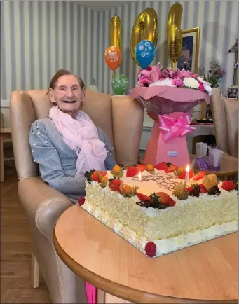  ??  ?? Julia Murphy is from Millstreet, County Cork, but is currently in Killarney Nursing Home recovering after a fall back at Christmas. Staff in Killarney certainly made her feel at home and helped her celebrate her 106th birthday in style.