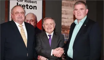  ??  ?? Labour Party leader Brendan Howlin at the launch of Cllr Robbie Ireton’s election campaign in the Coach House. On right is Nicholas Wafer, Labour candidate in the Kilmuckrid­ge district.