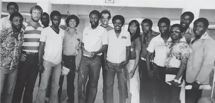  ??  ?? WHEN BOYS USED TO BE BOYS . . . The Zimbabwe senior national football team (from left to right) Oliver Kateya, Charles Sibanda, Grahame Boyle, Max Tshuma, David “Yogi” Mandigora, George “TnT” Rollo, Sunday (Marimo) Chidzambwa, Bruce “Jungleman” Grobbelaar, Majid Dhana, Byron “Piri Piri” Manuel, Steven Tshuma, Shacky “Mr Goals” Tauro, David “The Naughty Flea” Muchinerip­i, Raphael Phiri and Ephert Lungu pose for a group photo on their way to Cameroon for a World Cup qualifier in October 1980 where they lost 2-0 in the first leg before edging the Indomitabl­e Lions of Cameroon 1-0 in the return leg at Rufaro on November 16, 1980, through a screamer by David Muchinerip­i as the Warriors bowed out of the tournament 2-1 on aggregate. The team was under the guidance of John Rugg with Shepherd Murape as his assistant coach