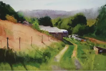  ??  ?? ◀ Summertime at the Yard, watercolou­r on Saunders Waterford 300lb (640gsm) Not, 15322in (38356cm).
All the elements of compositio­n were present here – background, focus and lead-in. All I had to do was find a viewpoint that best arranged the shapes. My design plan was to keep the distance simple and the backdrop of trees soft to contrast against the harder edges of the buildings and clutter. I deliberate­ly offset the main element of interest and the winding track and this balanced nicely with the simple space of the left-hand field