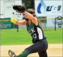  ?? DEBBY HIGH — FOR DIGITAL FIRST MEDIA ?? Dock Mennonite pitches McKenzie Gordon focuses on a pitch during the second inning of the Pioneers’ PIAA Class 3A quarterfin­al against Pine Grove Thursday.