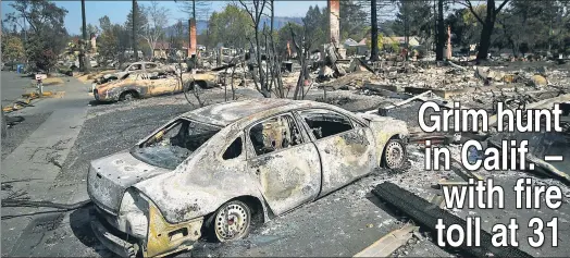 ??  ?? SHOCKING: Burned-out cars remain amid the devastatio­n Thursday in Northern California, where wind-driven wildfires have wreaked havoc.