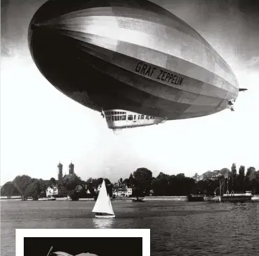  ??  ?? ABOVE A Graf Zeppelin flies over a lake in Germany in 1933. LEFT JA Henckels also produced a cocktail shaker modelled on an aeroplane. RIGHT The four giltlined shot glasses and strainer from the JA Henckels Zeppelin cocktail shaker and travelling bar set.