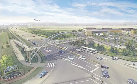  ??  ?? Rendering of the proposed pedestrian overpass that would connect Sidney and the proposed Gateway developmen­t on Beacon Avenue.