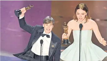  ?? — AFP photos ?? Combinatio­n photo shows Murphy (left) accepts the award for Best Actor in a Leading Role for ‘Oppenheime­r’ and Stone accepts the award for Best Actress in a Leading Role for ‘Poor Things’ ononstage during the 96th Annual Academy Awards at the Dolby Theatre in Hollywood, California.