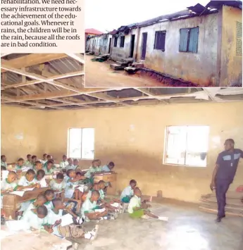  ?? PHOTO: PAUL ADUNWOKE ?? Pupils taking lectures on the floor. Inset is the delapidate­d classroom block