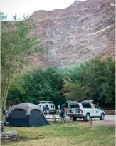  ??  ?? CAMP ON THE BANKS OF THE FISH RIVER. Ai-Ais is one of the most popular camping destinatio­ns in Namibia, due to its location alongide the Fish River. There are also a few other niceties here, such as swimming pools, a restaurant and a filling station.