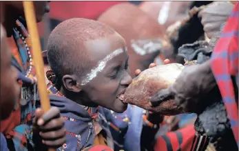  ?? PICTURE: REUTERS/AFRICAN NEWS AGENCY (ANA) ?? A Maasai boy bites a bull’s heart during an initiation into an age group ceremony near the town of Bisil, Kajiado county, Kenya. The ceremony prepares the boys to become moran, the Maasai warrior class.