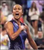  ?? John Minchillo / Associated Press ?? Leylah Fernandez, of Canada, reacts after defeating Angelique Kerber, of Germany, during the fourth round of the US Open on Sunday in New York.