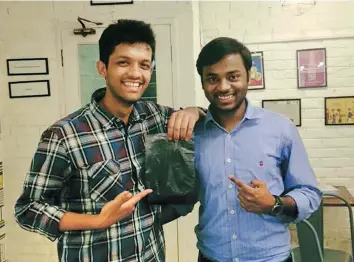  ??  ?? (Left to Right) Prateek Sachan and Kushagra Srivastava of Chakr with their ink sample. Anirudh, Nikhil and Nitesh—co-founders of Graviky Labs