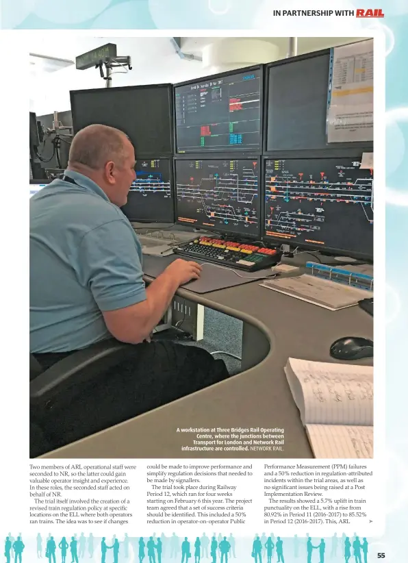  ?? NETWORK RAIL. ?? A workstatio­n at Three Bridges Rail Operating Centre, where the junctions between Transport for London and Network Rail infrastruc­ture are controlled.