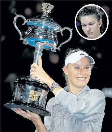  ?? GETTY IMAGES ?? Caroline Wozniacki of Denmark poses with the Daphne Akhurst Memorial Cup after winning the women’s singles final against Simona Halep of Romania (inset) at the Australian Open.