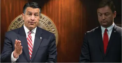  ?? (Photo by Erik Verduzco, Las Vegas Review-Journal via AP) ?? In this Friday, June 23, 2017 file photo, Gov. Brian Sandoval, left, and U.S. Sen. Dean Heller, R-Nev., give a news conference in Las Vegas where the senator announced he will vote no on the proposed GOP healthcare bill. A handful of Republican...