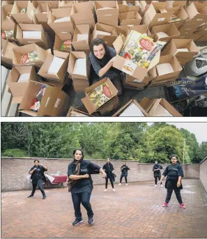  ??  ?? MOVERS AND SHAKERS: Above, Nadera Amini leads an NAFS Zumba class in Bradford; top, Naomi Roxby Wardle, of Fall into Place, with Playboxes, also inset below, ready to be delivered to struggling families in Leeds.