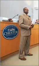  ?? RICK KAUFFMAN — DAILY TIMES ?? In his first act as mayor, Thaddeus Kirkland appointed new leadership in the Chester Police Department.