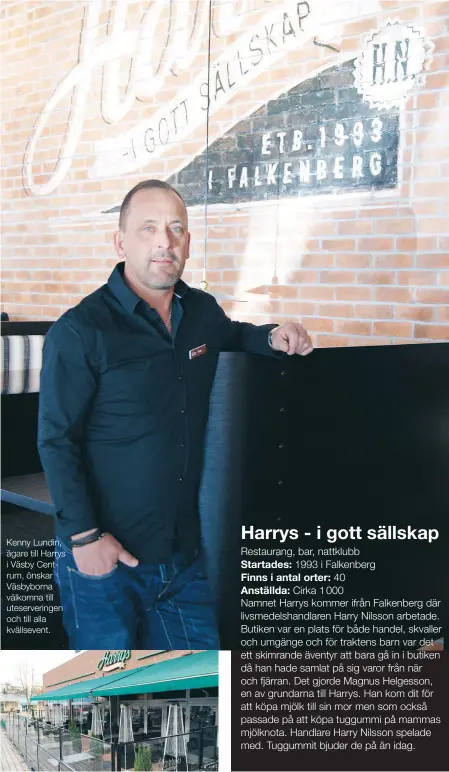  ??  ?? Kenny Lundin, ägare till Harrys i Väsby Centrum, önskar Väsbyborna välkomna till uteserveri­ngen och till alla kvällseven­t.