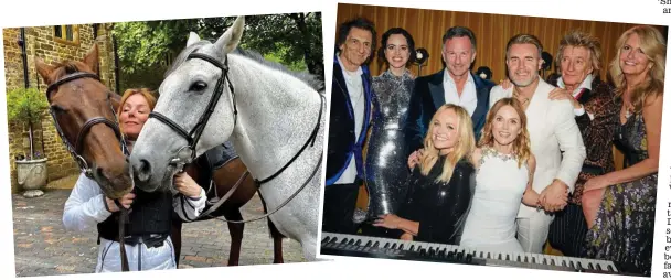  ?? ?? Mane attraction: Geri with two of her horses — and Christian’s 50th with Emma Bunton, Ronnie Wood, Gary Barlow and Rod Stewart
