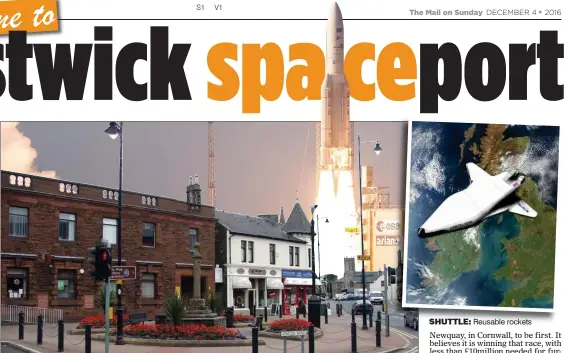  ??  ?? MISSION CONTROL: Our mock-up of how Prestwick could become a European hub of innovative space business SHUTTLE: Reusable rockets