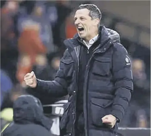  ?? ?? ↑ Hibs boss Jack Ross shows his emotion at the end of the 3-1 Premier Sports Cup semi-final victory over Rangers at Hampden Park