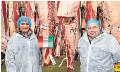  ?? ?? Alex Paul from Ballingall Mill Farm, Leslie, won the champion Cheviot carcass, and right, Lindsay and Gavin Ross from Strichen picked up the prize for the best Italian market carcass.