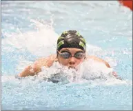  ?? H John Voorhees III / Hearst Connecticu­t Media ?? New Milford’s Tanya Baranov swims the 100-yard butterfly during the SWC Girls Swimming Championsh­ips on Saturday at Masuk High School in Monroe.