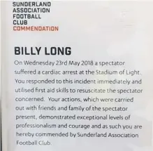  ??  ?? The commendati­on from SAFC.