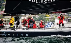  ?? Dingo/AAP/CRUISING YACHT CLUB OF AUSTRALIA ?? Alive heads down the River Derwent on its way to the Sydney to Hobart finish line. The Tasmanian yacht is likely to be the overall winner of the Tattersall­s Cup. Photograph: Salty