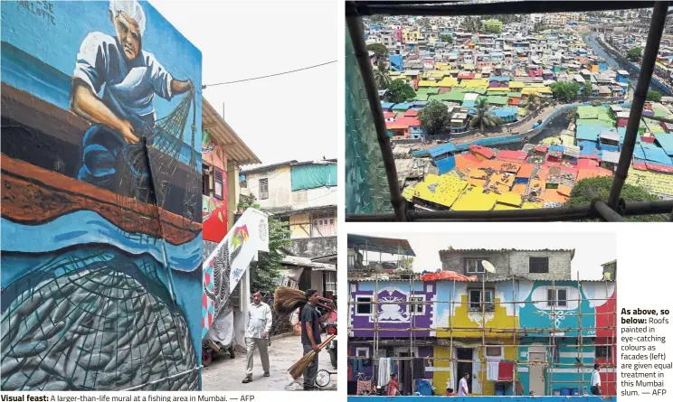  ??  ?? Visual feast: A larger-than-life mural at a fishing area in Mumbai. — AFP As above, so below: Roofs painted in eye-catching colours as facades (left) are given equal treatment in this Mumbai slum. — AFP