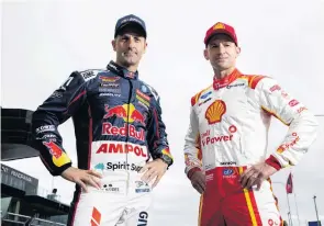  ?? PHOTO: GETTY IMAGES ?? Red Bull Racing driver Jamie Whincup (left) poses with Will Davison, his rival from Shell VPower Racing, during the 2021 Supercars season launch at Mount Panorama, Bathurst.