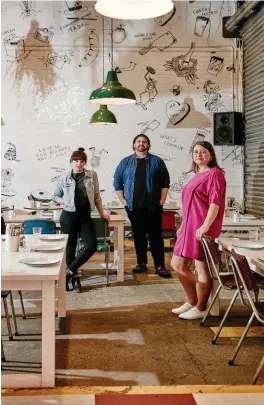  ??  ?? Above: clockwise from bottom: fried sardines with sardine aïoli; pickles; burrata; ’nduja; olives; and mortadella bianca. Above from left: Pinbone, aka chefs Jemma Whiteman and Mike Eggert and floor manager Berri Eggert.