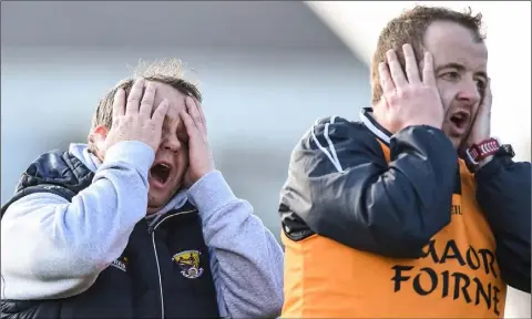  ??  ?? It wasn’t all plain sailing despite the eventual favourable result in Tullamore on Sunday as this photograph of manager Davy Fitzgerald and mentor Seoirse Bulfin highlights.