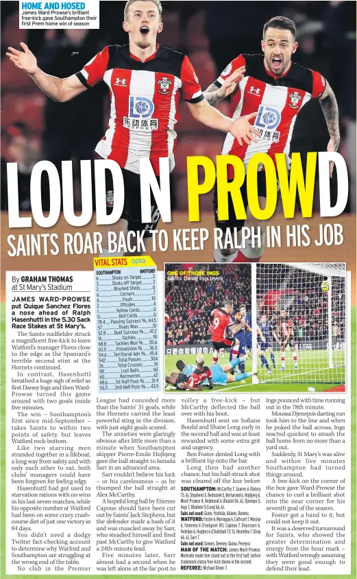  ??  ?? HOME AND HOSED James Ward-Prowse’s brilliant free-kick gave Southampto­n their first Prem home win of season
ONE OF THOSE INGS Saints’ Danny Ings levels different versions