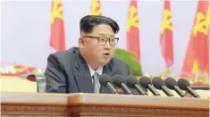  ?? —Reuters ?? North Korean leader Kim Jong Un speaks during the first congress of the country’s ruling Workers’ Party in 36 years, in this photo released by North Korea’s Korean Central News Agency (KCNA) in Pyongyang.