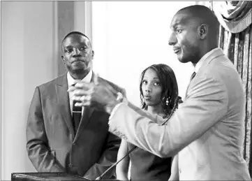  ??  ?? Pinkett speaks as fellow ‘The Apprentice’ contestant­s Tara Dowdell (centre) and Jackson look on during a news conference to speak out against Trump in New York City, on Friday. — Reuters photo