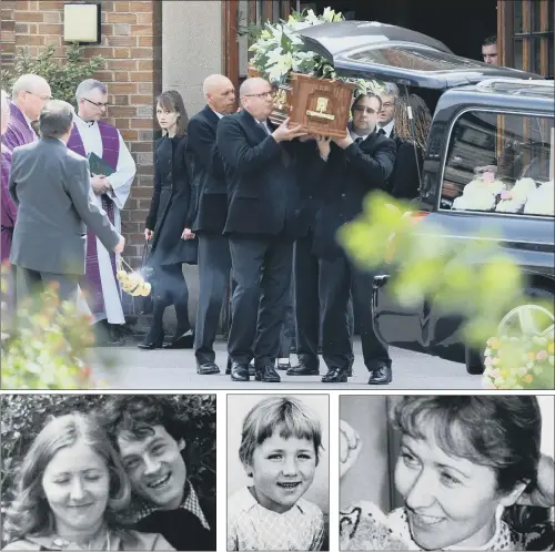  ??  ?? SORROW AND SMILES: Top, Ann Maguire’s coffin leaves the Immaculate Heart of Mary Catholic Church, in Moortown, Leeds, after her funeral yesterday; above, poignant black and white photograph­s from the order of service showing Mrs Maguire, left to right,...