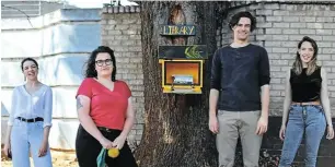  ?? Picture: Alaister Russell ?? From left: Housemates Alex Maggs, Jessica Breakey, Duncan Cosser and Gemma Hart with their community library box outside their home in Emmarentia, Johannesbu­rg.