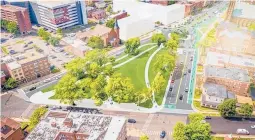  ?? CITY OF HARTFORD ?? A rendering shows one possibilit­y for a redesigned intersecti­on of Park and Main streets, including a circular roundabout north of South Green-Barnard Park and a cycle path. The white structure represents the future Park and Main apartment complex.