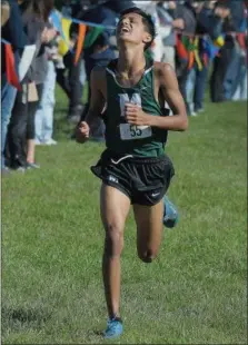  ?? GENE WALSH — DIGITAL FIRST MEDIA ?? Methacton’s Matt Varghese shows his discomfort near the finish line at the PAC Cross Country Championsh­ips Thursday in Worcester.