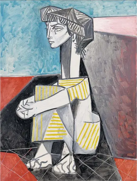  ?? ?? Different stripes: Picasso’s Jacqueline with Crossed Hands (1954) appears in an exhibition to mark the 50th anniversar­y of his death, curated by Paul Smith, far right