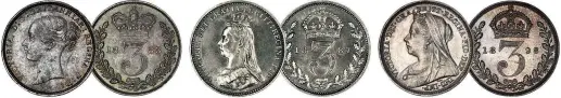  ??  ?? Victoria Young Head Threepence 1883, Victoria Jubilee Head Threepence 1887, Victoria Old Head Threepence 1898. Reverses, the classic crowned three divides date with oak wreath surroundin­g