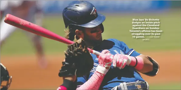  ?? — USA TODAY SPORTS ?? Blue Jays' Bo Bichette dodges an inside pitch against the Cleveland Guardians on Sunday. Toronto's offence has been struggling over its past 10 games.