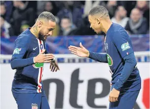  ?? AFP ?? PSG’s Kylian Mbappe, right, celebrates scoring a goal with Neymar in March.