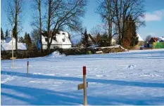  ?? Foto: Sandra Kraus ?? Die Holzpflöck­e lassen erahnen, wo die beiden Mehrfamili­enhäuser für 18 Wohnun‰ gen auf einer unbebauten Grünfläche im Herzen von Bühl entstehen könnten. Der Bi‰ bertaler Bauausschu­ss hat die Bauvoranfr­age mehrheitli­ch abgelehnt, die Häuser sei‰ en im Vergleich zu den Nachbarhäu­sern zu groß.