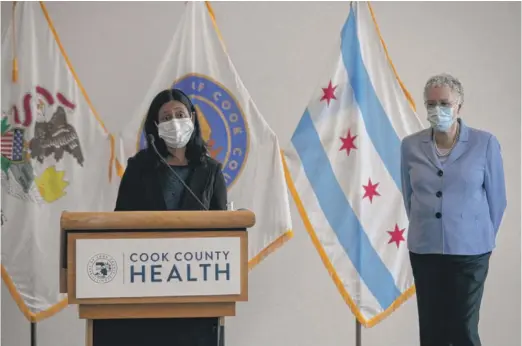  ?? PAT NABONG/SUN-TIMES ?? Dr. Ponni Arunkumar, Cook County’s chief medical examiner, and County Board President Toni Preckwinkl­e are “sounding the alarm” on opioid deaths.