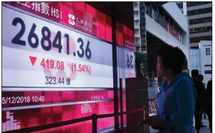  ?? AP/VINCENT YU ?? A screen outside a bank in Hong Kong shows stocks lower Wednesday. Global markets, still jittery over an uncertain U.S.-China trade situation, were down Wednesday in Asia and Europe.