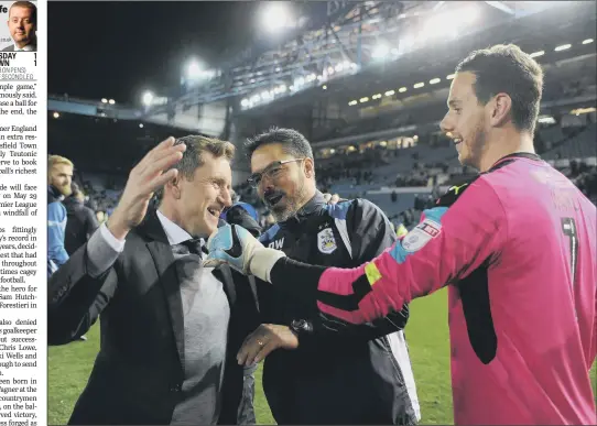  ?? PICTURE: TONY JOHNSON. ?? WINNING TEAM: Huddersfie­ld owner Dean Hoyle, left, congratula­tes manager David Wagner and penalty hero Danny Ward after beating Sheffield Wednesday.