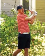  ?? STAN HUDY - SHUDY@DIGITALFIR­STMEDIA.COM ?? Bethlehem senior Austin Fox watches his tee shot from the 15th tee at McGregor Links Country Club Wednesday afternoon during the Section II Class A tournament.