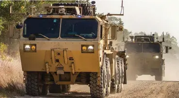  ??  ?? Oshkosh Defense has integrated existing Palletised Load System vehicles with scalable autonomous technology that can be operated in different modes: fully autonomous, leader-follower or teleoperat­ion.
