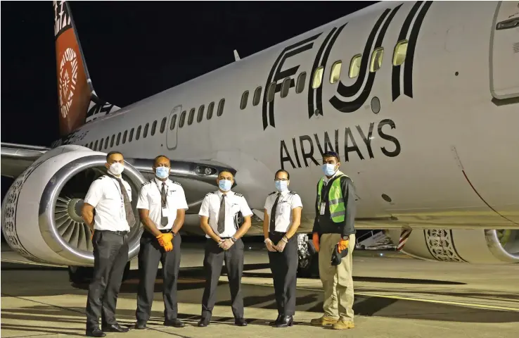  ??  ?? From left to right: Fiji Airways First Officer, B737, Dylan Maharaj , Captain, B737 Paul Nailatikau, Captain, B737, Amit Ambalal and First Officer, B737, Christina Zoing and Licensed Aircraft Maintenanc­e Engineer Anare Kapaiwai.